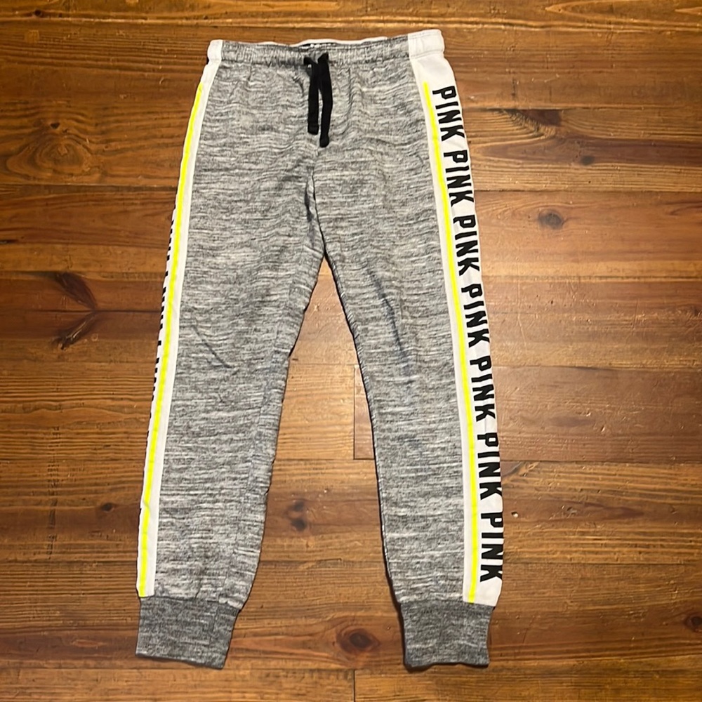 Pink Victoria secret joggers. Small. gray w neon yellow. Light weight